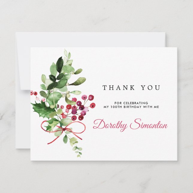 Tarjeta De Agradecimiento Verdor de invierno rústico 100 cumpleaños (Anverso)