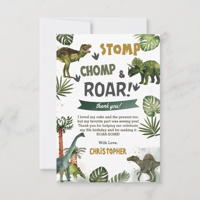 Tarjeta De Agradecimiento Verdor Dinosaurios Fiesta de cumpleaños Stomp Chom (Anverso)
