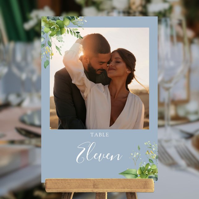 Tarjeta De Agradecimiento Verdor Floral Foto Dusty Blue Table Number (Greenery Floral Photo Dusty Blue Table Number)