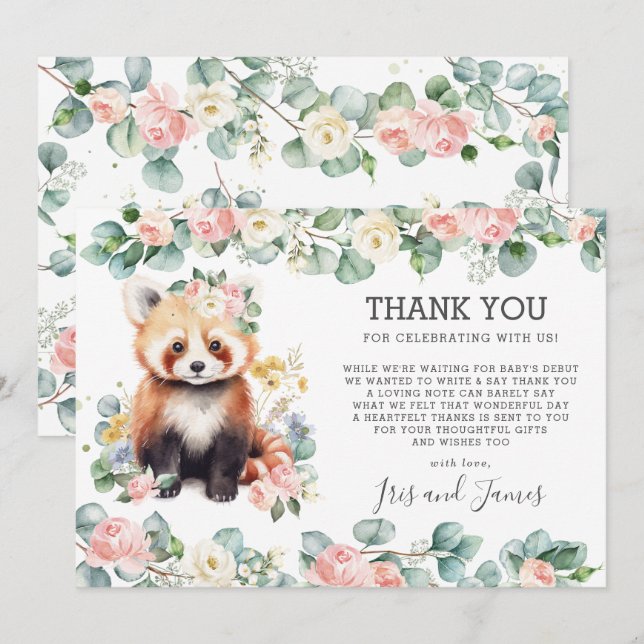 Tarjeta De Agradecimiento Verdor floral rosado dulce Panda rojo Baby Shower (Anverso / Reverso)