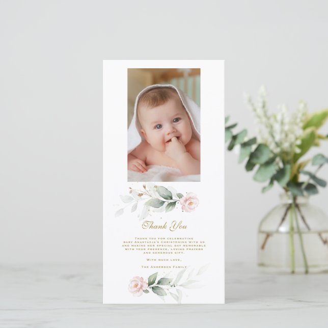 Tarjeta De Agradecimiento Verdor Oro Floral Rosa Foto Christening (Anverso de pie)