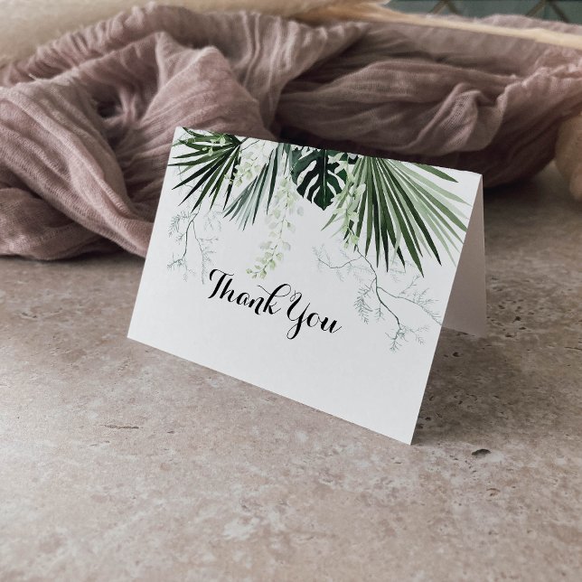 Tarjeta De Agradecimiento Verdor tropical Boda plegado con flor blanca (Subido por el creador)