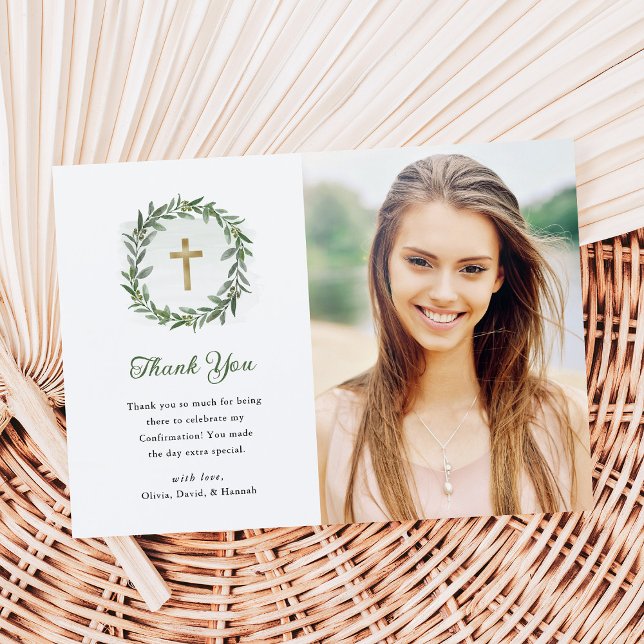 Tarjeta De Agradecimiento Verdor y cruz de oro | Confirmación de la foto (Subido por el creador)