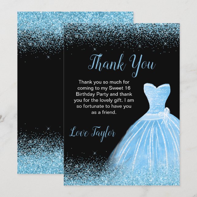 Tarjeta De Agradecimiento Vestido azul claro Faux Purpurina Sweet 16 cumplea (Anverso / Reverso)