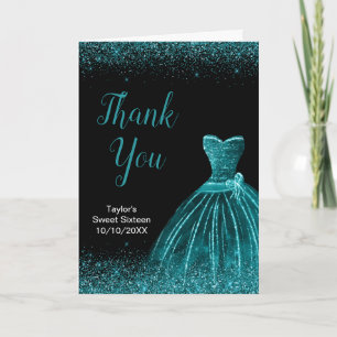 Tarjeta De Agradecimiento Vestido azul turquesa Faux Glitter Sweet 16 Cumple