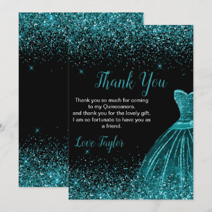 Tarjeta De Agradecimiento Vestido azul turquesa Quinceanera con purpurina fa