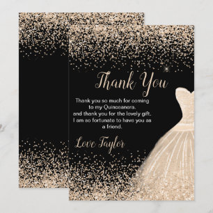 Tarjeta De Agradecimiento Vestido Blanco Champán Quinceañera Brillo Falso