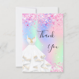 Tarjeta De Agradecimiento Vestido blanco holográfico rosa