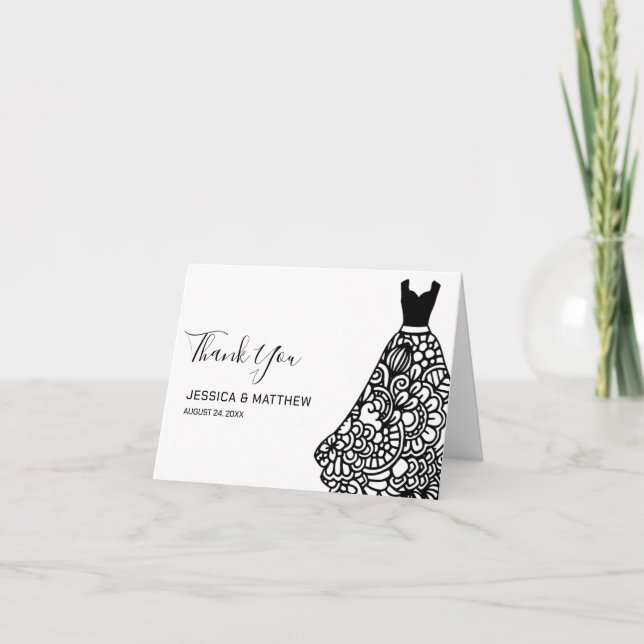 Tarjeta De Agradecimiento Vestido Boda de encaje negro (Anverso)