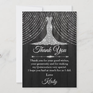 Tarjeta De Agradecimiento Vestido de Quinceañera de Diamante Negro Plateado