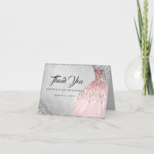 Tarjeta De Agradecimiento Vestido de quinceañera de rosa oro plata diamante