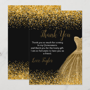 Tarjeta De Agradecimiento Vestido Dorado Quinceañera Brillo Falso
