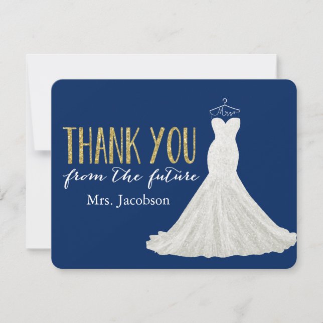 Tarjeta De Agradecimiento Vestido Elegante Azul Marino y Dorado | Gracias (Anverso)