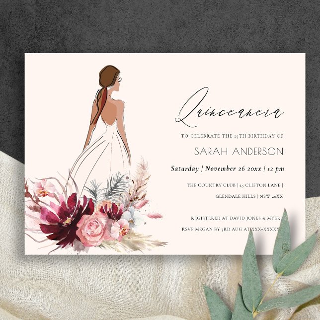 Tarjeta De Agradecimiento Vestido floral Pampas Grass Quinceanera Invite (Subido por el creador)