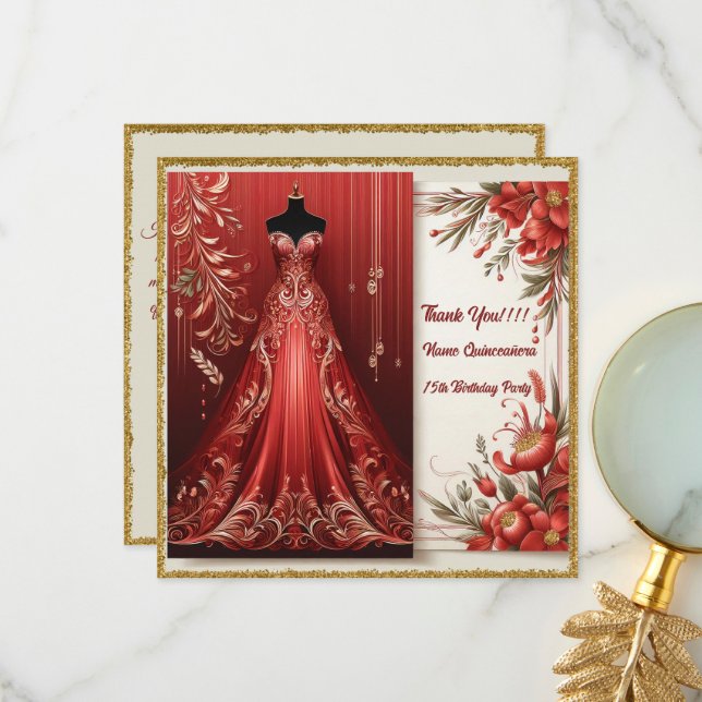 Tarjeta De Agradecimiento Vestido largo formal rojo Quinceañera (Anverso/Reverso In Situ)