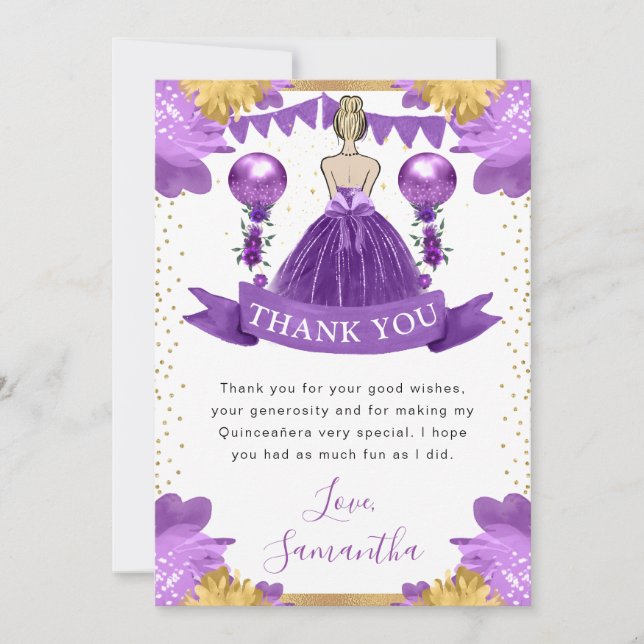 Tarjeta De Agradecimiento Vestido Morado Princesa Rubia Quinceañera