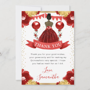 Tarjeta De Agradecimiento Vestido Rojo Princesa Quinceañera de Piel Oscura