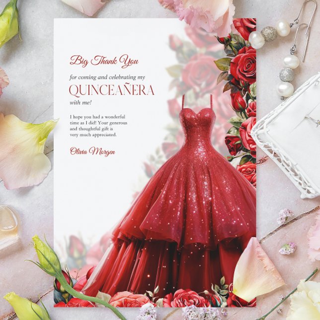 Tarjeta De Agradecimiento Vestido rojo Quintencera Glam (Subido por el creador)