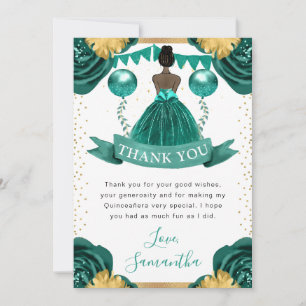 Tarjeta De Agradecimiento Vestido Verde Azul Princesa de Piel Oscura Quincea
