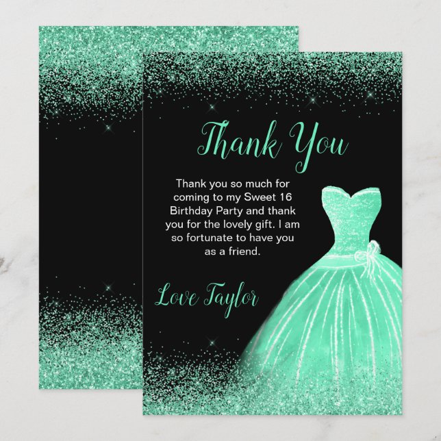 Tarjeta De Agradecimiento Vestido verde claro Faux Purpurina Sweet 16 Cumple (Anverso / Reverso)