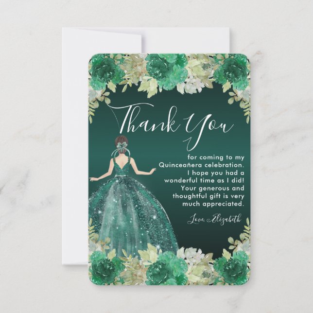 Tarjeta De Agradecimiento Vestido verde floral Cumpleaños Quinceanera (Anverso)