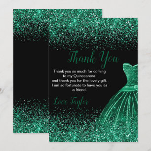 Tarjeta De Agradecimiento Vestido Verde Oscuro Quinceañera Brillo Falso