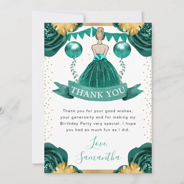 Tarjeta De Agradecimiento Vestido Verde Princesa Cumpleaños Pelo Rubio (Anverso)
