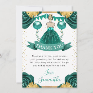 Tarjeta De Agradecimiento Vestido Verde Princesa Cumpleaños Pelo Rubio