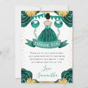 Tarjeta De Agradecimiento Vestido Verde Princesa Quinceañera Cabello Castaño