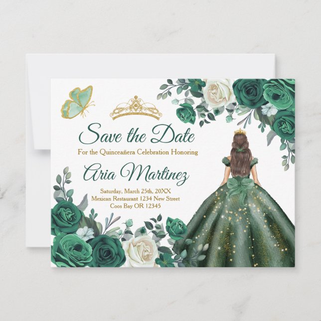 Tarjeta De Agradecimiento Vestidos verdes esmeraldas Quinceañera salven la f (Anverso)
