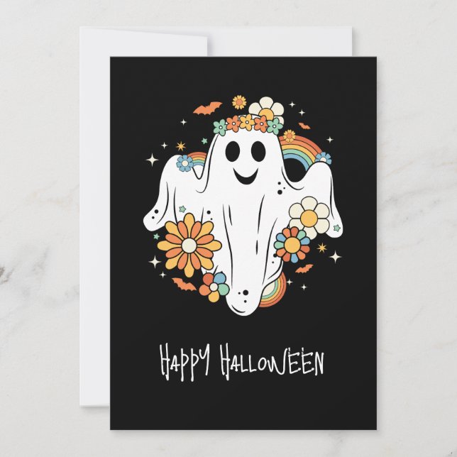 Tarjeta De Agradecimiento Vibra Retro Hippie del Fantasma Feliz de Halloween (Anverso)