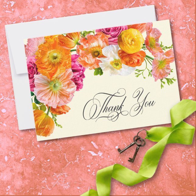 Tarjeta De Agradecimiento Vibrant Summer Floral Yellow Orange Pink Wedding (Vibrant Summer Floral Yellow Orange Pink Wedding Thank You Card)