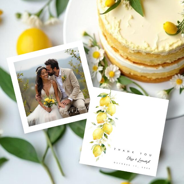 Tarjeta De Agradecimiento Vibrant Timeless Lemons Branches Wedding Photo (Vibrant Timeless Lemons Branches Wedding Thank You Cards with Back Photo.)
