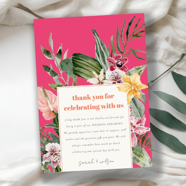 Tarjeta De Agradecimiento Vibrante Magenta Rubor Boho Boda Floral Tropical (Subido por el creador)