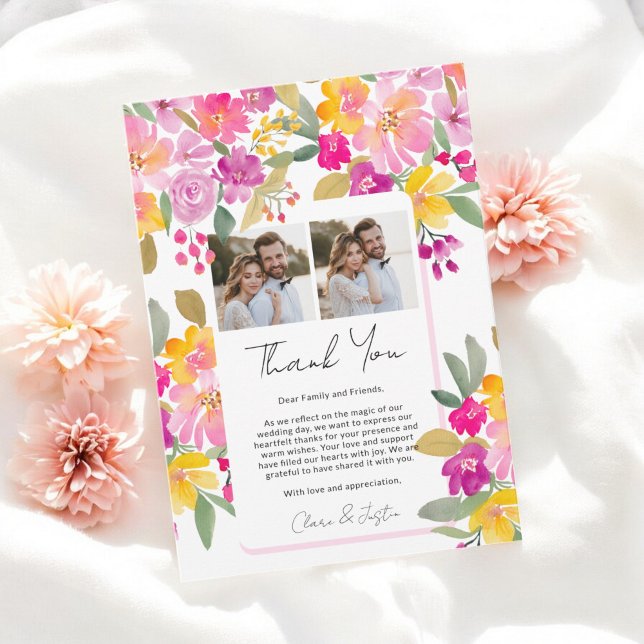 Tarjeta De Agradecimiento Vibrante primavera verano floral 3-foto Boda (Vibrant Spring Summer Floral 3-Photo Wedding Thank You Card)