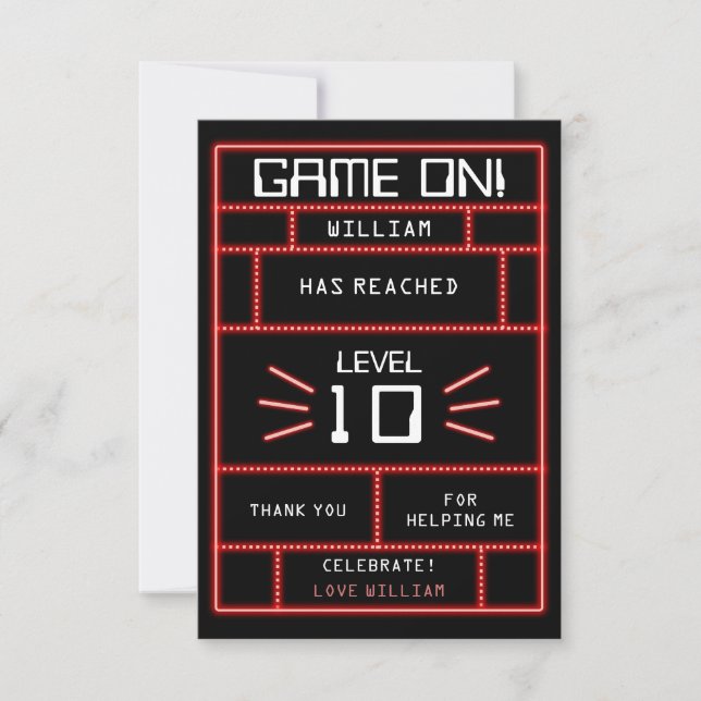 Tarjeta De Agradecimiento Videojuego Retro Arcade Neon Kids Cumpleaños (Anverso)