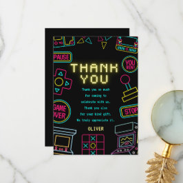Tarjeta De Agradecimiento Videojuegos de neón de cualquier año cumpleaños ar