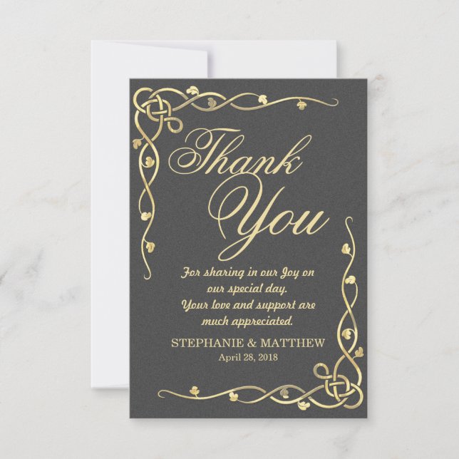 Tarjeta De Agradecimiento Vides frondosas del oro elegante en negro (Anverso)