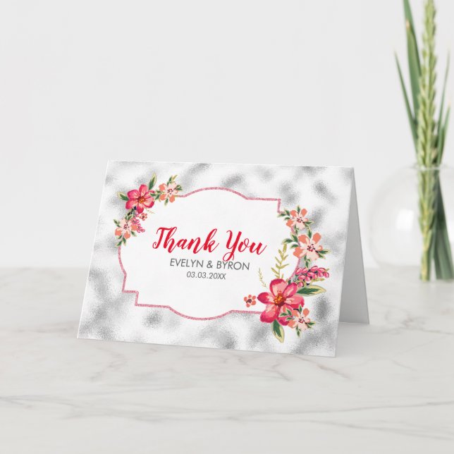Tarjeta De Agradecimiento Vidrio Gris Claro Y Flores Rosa (Anverso)