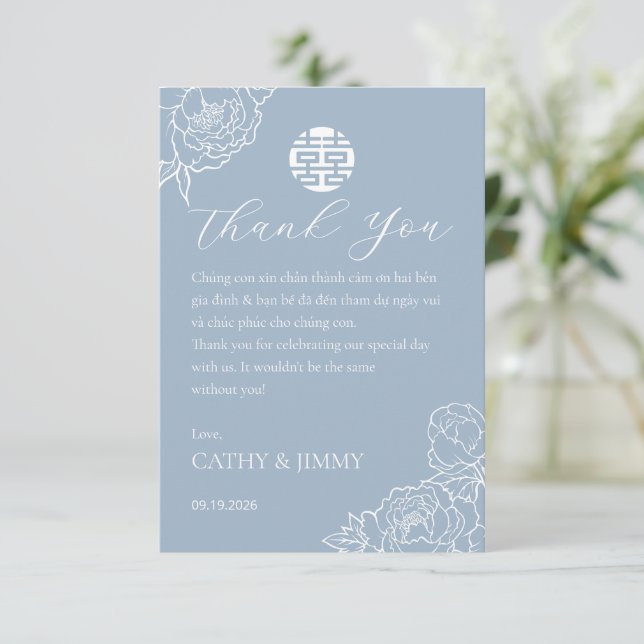 Tarjeta De Agradecimiento Vietnamese Wedding Peony Dusty Blue Thank You Card (Anverso de pie)