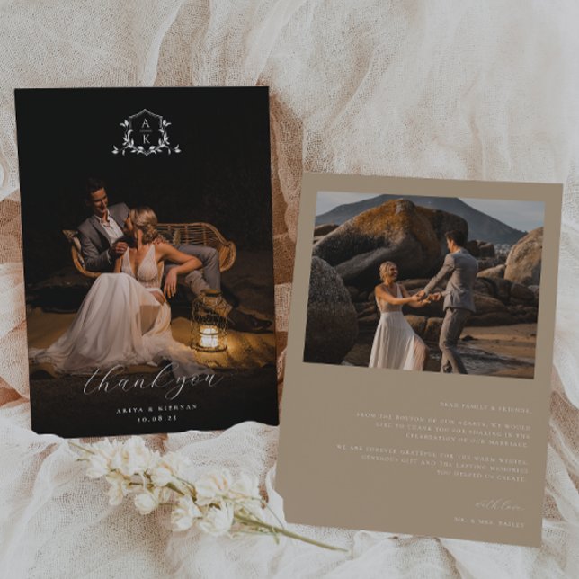 Tarjeta De Agradecimiento Viñetas sin tiempo Monograma Boda de Escudo Foto (Subido por el creador)