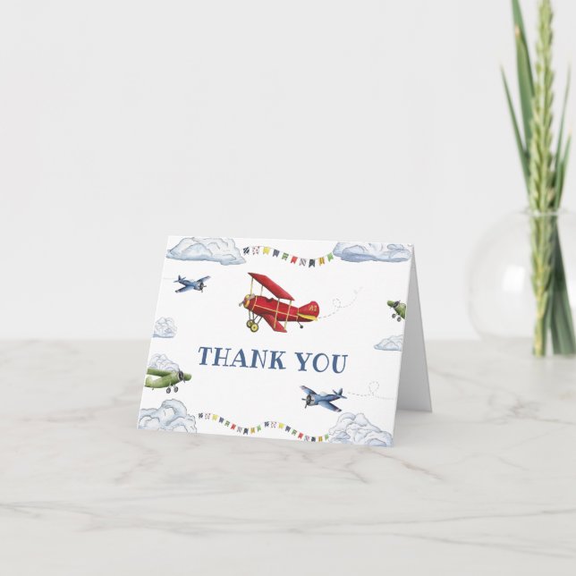 Tarjeta De Agradecimiento Vintage Airplane First Birday Gracias (Anverso)
