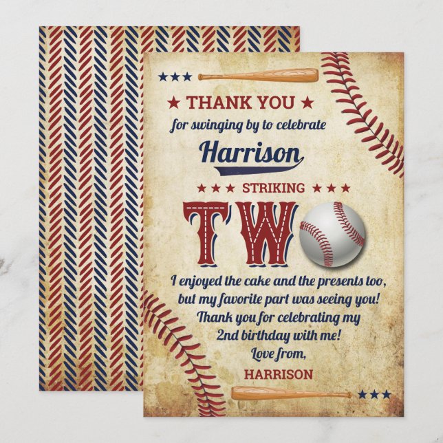 Tarjeta De Agradecimiento Vintage Béisbol Boys 2º cumpleaños (Anverso / Reverso)