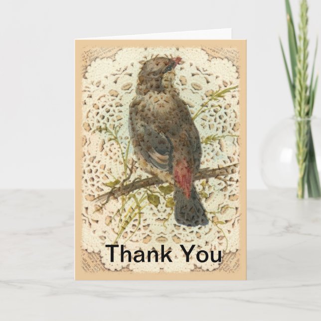 Tarjeta De Agradecimiento Vintage Bird and Doilie, gracias (Anverso)