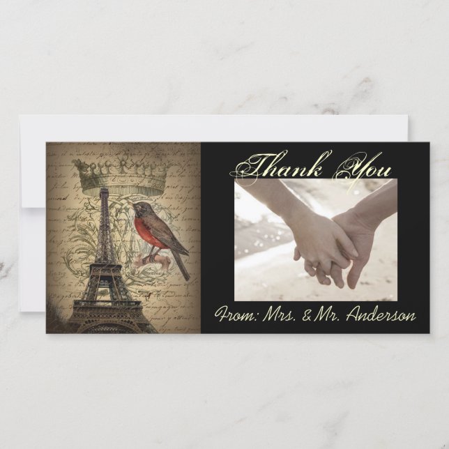 Tarjeta De Agradecimiento Vintage Bird Paris Eiffel Tower Boda (Anverso)