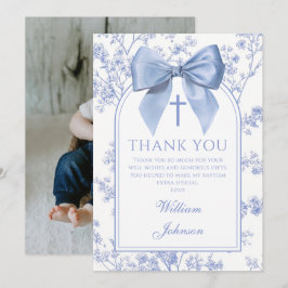 Tarjeta De Agradecimiento Vintage Blue Bow Floral Boy Baptism Photo