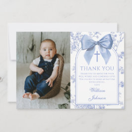 Tarjeta De Agradecimiento Vintage Blue Bow Floral Boy Baptism Photo