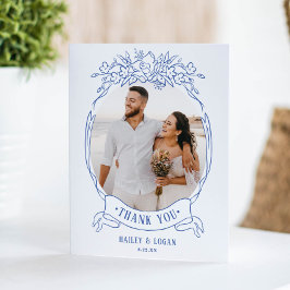 Tarjeta De Agradecimiento Vintage Blue Floral Elegant Wedding Photo