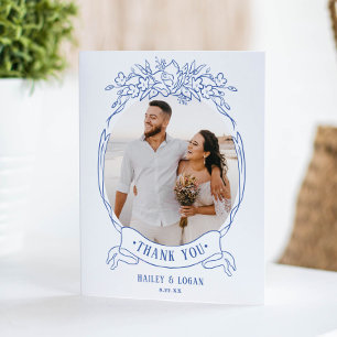 Tarjeta De Agradecimiento Vintage Blue Floral Elegant Wedding Photo