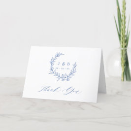 Tarjeta De Agradecimiento Vintage Blue Floral Wreath Boda de Monograma dobla